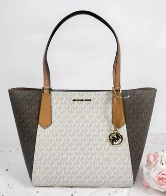 Michael Kors Jet Set KIMBERLY Large Shoulder Bag MK Monogram Vanilla Brown Purse • $52