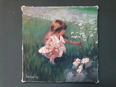 Vintage Finished  Young Girl Picking Flowers   Fine Cross Stitch Panel. • £7.99