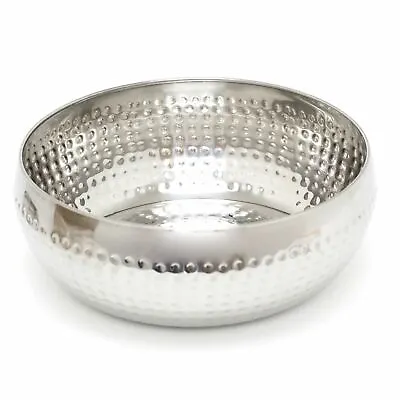 24cm Silver Metal Fruit Bowl | Round Display Dish With Hammered Detail • £15.99