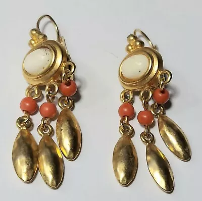 Vintage Monet Dangle Earrings White & Coral Colors Signed Gold Tone 1.25  Drop • $9.95