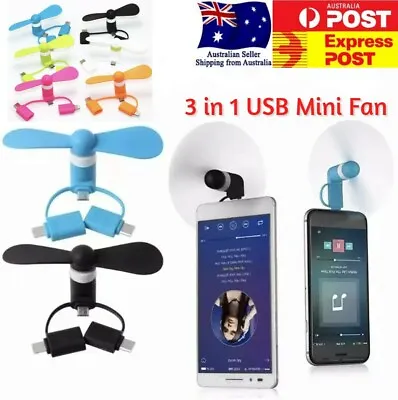 $8.98 • Buy Portable Cell Phone USB Mini Fan 3 In 1 For Iphone Android TypeC Quiet New Model
