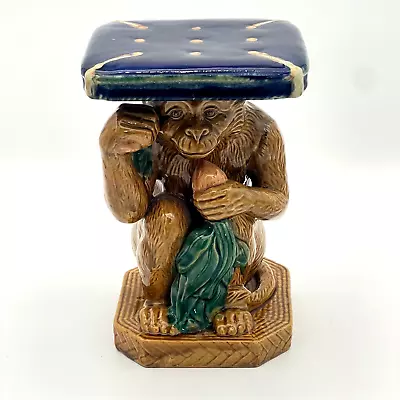 Vintage Majolica Ceramic Monkey Holding Pillow Plant Stand Chinoiserie Decor 12  • $92