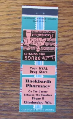 Drug Store Matchbook Cover: Hackbarth Pharmacy Rhinelander Wi Matchcover -c9 • $5.58
