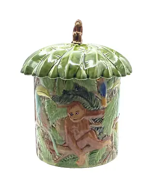 Vintage Ceramic Monkey Birds Rainforest Palm Tree Green Canister Jar W/ Lid • $28