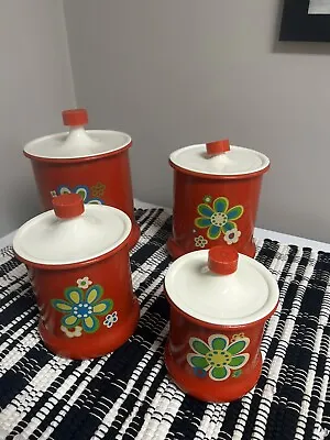 Vintage 1970's Kromex Red Flower Power Aluminum Kitchen Canister & Set Of 4 Lids • $62