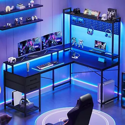 L Shaped Gaming Desk With LED Lights Storage Hutch Pegboard And Monitor Stand • $159.99