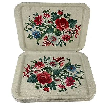 Vintage Floral TV Lap Trays Set Of 6 Metal Needlepoint Cottage Country Farmhouse • $59.99