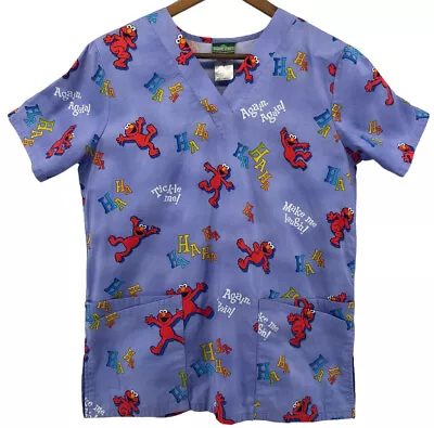Sesame Street Scrub Shirt Womens Small Blue Elmo V-Neck Short Sleeve Uniform • $21.25
