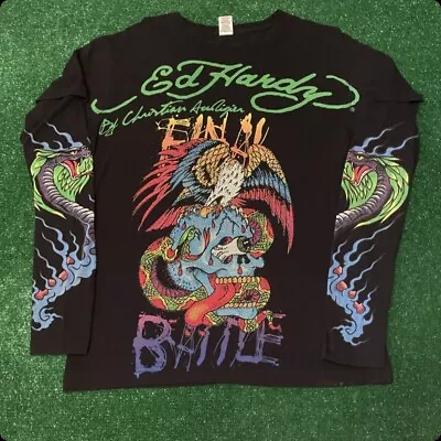 Vintage Ed Hardy Snake Rhinestone Tattoo Long Sleeve VTG Y2K Shirt Mens Size M • $129.99