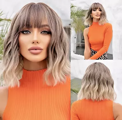 Natural Grey Wig For Women Blonde Fringe Wavy Bob Wig Blonde Ombre Synthetic Wig • £19.95