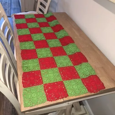 Vintage Hand Crocheted Christmas Table Runner 48 X19  Red Green Granny Squares • $19.95