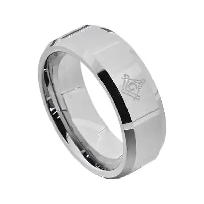 8mm Tungsten Carbide Men Wedding Ring Band Masonic Freemason Bevel Edge • $18.99