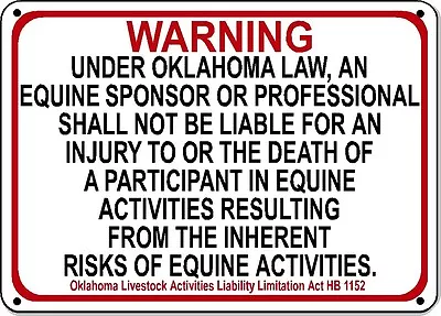 OKLAHOMA Equine Sign Activity Liability Warning Statute Horse Farm Barn Stable • $8.95