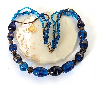 Vintage Blue & Gold Venetian And Czech Glass Seed Bead Necklace  C02 • £14