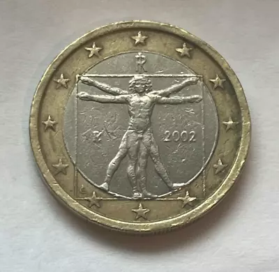Italy 1 Euro 2002 Bi-Metallic Coin; Vitruvian Man • $2.73