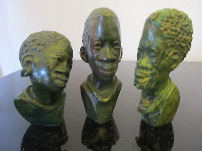 3 Miniature Green Verdite Stone Carving Face Bust African Tribal Art Sculptures! • $150