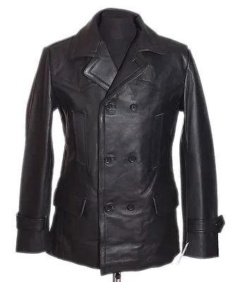 DR Black Men's Kriegsmarine Germany Military WW2 Cowhide Leather Jacket Pea Coat • $149.30