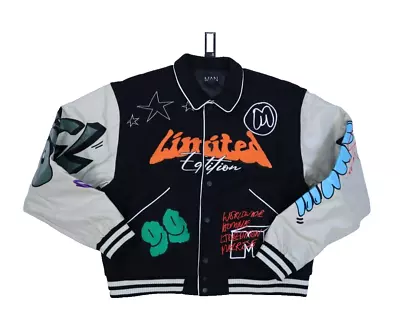 Boohoo Man Tall Boxy Fit Graffiti Varsity Jacket Black Orange Limited Mens L • $49.99