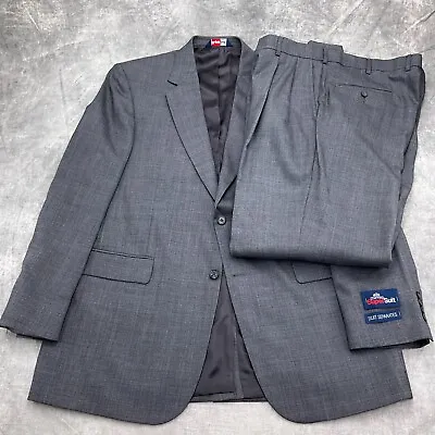 Stafford Super Suit Men 44L/38W X 32L Gray Blue Plaid Wool Classic Career VTG • $89.97