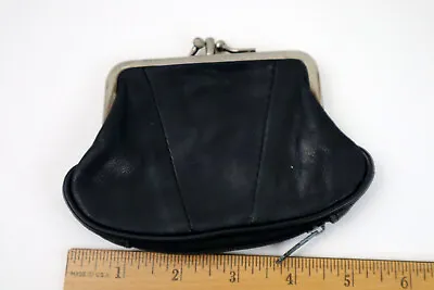 Vintage Black Leather Coin Purse - Double Kiss Lock Metal - Middle Zip Pocket • $15.99