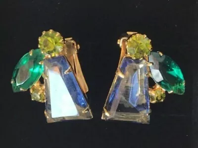 Vintage Gold Tone Blue Green Multi Stone Multi Shape Clip On Earrings A5-62 • $14.99