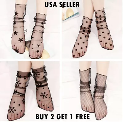 $3.99 • Buy Women Mesh Socks Lace Ruffle Sheer Silky Glitter Fishnet Short Ankle Stockings