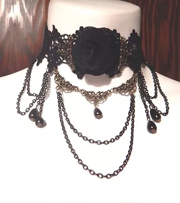 BLACK ROSE DRAPING CHAINS NECKLACE Lace Choker Victorian Gothic Steampunk J6  • $11.99