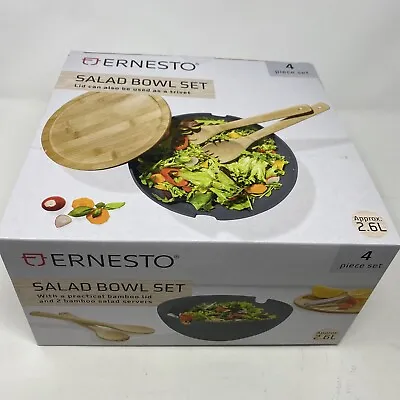 Ernesto 4 Piece Salad Bowl Set With Bamboo Lid & 2 Servers 2.6L New In Box • £22