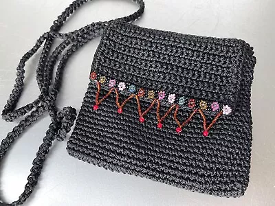 Macrame & Colorful Glass Bead Detail Bag Purse Black Lined Shoulder Bag • $17.99