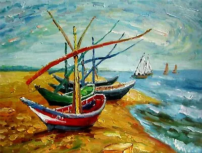 $58 • Buy Van Gogh Fishing Boats On Beach Repro, Quality Hand Painted Oil Painting 12x16in