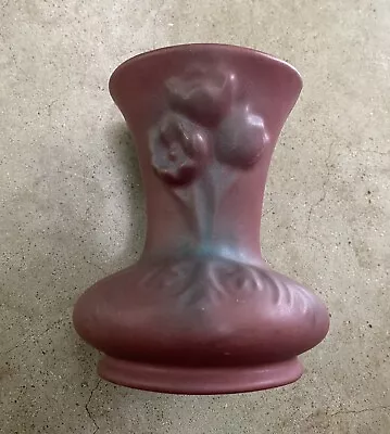 VAN BRIGGLE 5  Flower VASE With Floral Design Matte Pink Signed Colo Spas Blue • $18.50