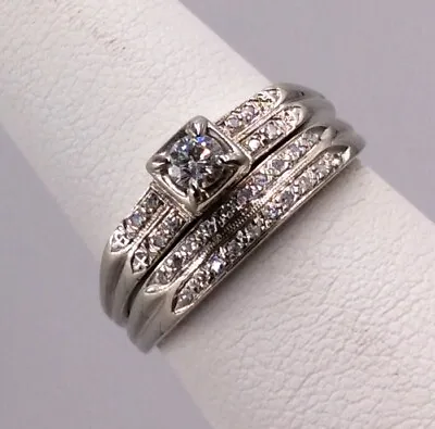 14k White Gold Vintage .30tcw Diamond Engagement Ring Set Size 6.75 • $499.99