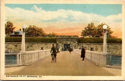 Vintage Postcard~Ft. Monroe Va.~Main Entrance Military Man On Vintage Bike • $7.99