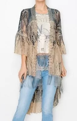 ORIGAMI Cardigan TEXAS LONGHORN LACE WESTERN DUSTER Cowgirl Tuff SM-4XL KIMONO • $89.99