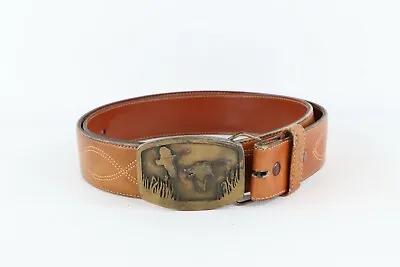 Vintage 70s Mid Century Modern MCM Mens 40 Leather Brass Duck Buckle Belt USA • $62.95