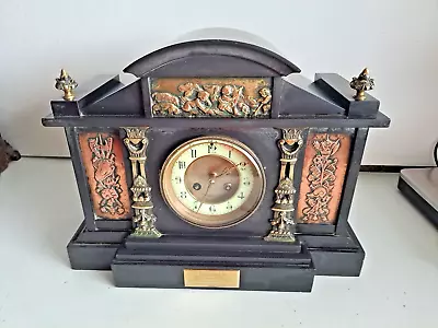 Antique Edwardian Chiming Mantel Clock Black Marble Brass Mounts No Key Untested • $86.31