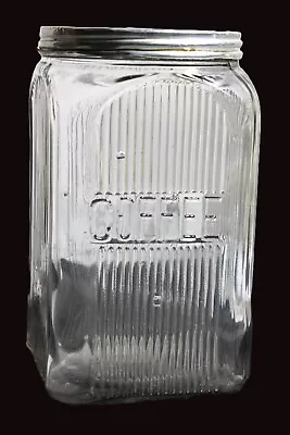 Atq Clear Square Ribbed Coffee Hoosier Jar Canister Aluminum Lid Bubble Glass • $25