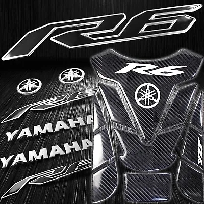 Real Carbon Fiber Tank Pad+6  3D Logo+2-Tone Black/Chrome YZF-R6/R6S Sticker Kit • $39.77