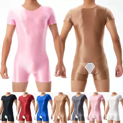 Men's One-piece Short Sleeve Boxer Briefs Leotard Shiny Wetlook Catsuit Bodysuit • $15.29