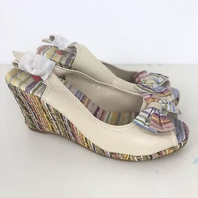 NEW I Love Billy Beige Leather Wedge Heels Size 38 Raffia Slip On Shoes • $39