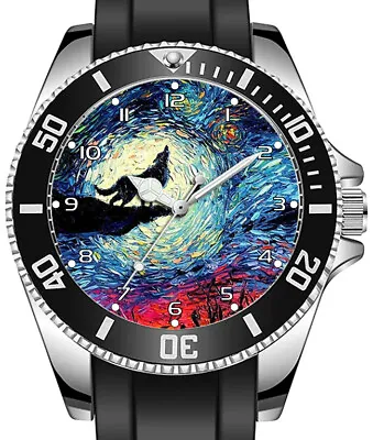 Starry Night Howling Wolf Art Sketch Sporty Unique Stylish Wrist Watch • $107.49