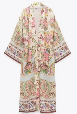 Gorgeous NWT ZARA Floral Printed Long Kimono With Lining Belted Pink Pastels  M • $49.99