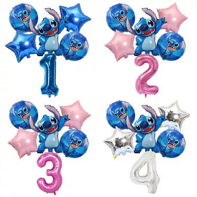 6pcs Lilo & Stitch Blue Birthday Party Balloon Set 32'' Age Number Balloon Decor • £9.99