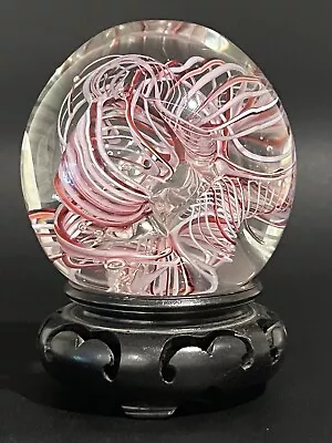 Vintage Rollin Karg Red Pink White Spiral Pattern Hand Blown Glass Paperweight • $32