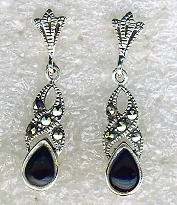 925 Sterling Silver Black Onyx & Marcasite Small Drop / Dangle Earrings Lngth 1  • £18.99