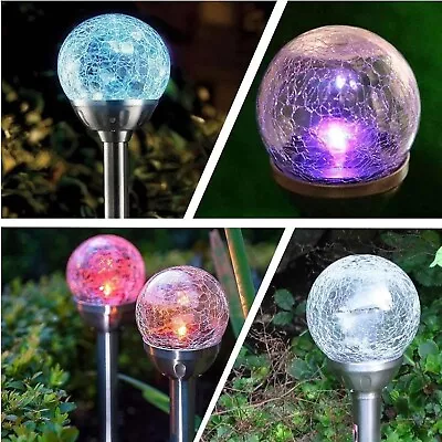 Solar LED Stake Lights Multi Coloured Crackle Ball Garden Path Stakes Outdoor UK • £11.99