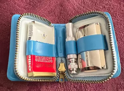 Gillette Mini Travel Razor And Blades Set Zip Case 1960s Vintage NEW Old Stock • $22