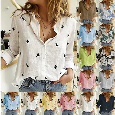 Womens Cotton Linen Plain Blouse Tops Ladies Baggy Long Sleeve Casual T-Shirt UK • £5.63