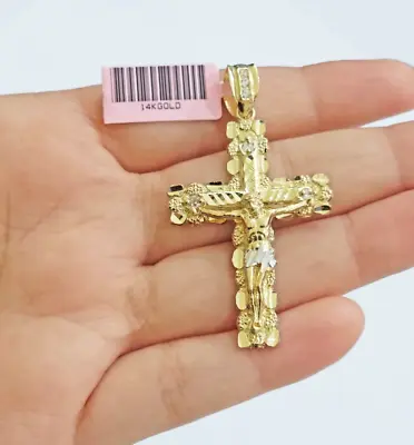 14k Yellow Gold Cross Nugget Pendant Jesus Crucifix 2 Inch 14kt Charm Men's REAL • $375.18