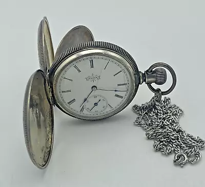 Antique Elgin Coin Silver Hunter Case Pocket Watch / Sterling Silver Chain 20  • $10